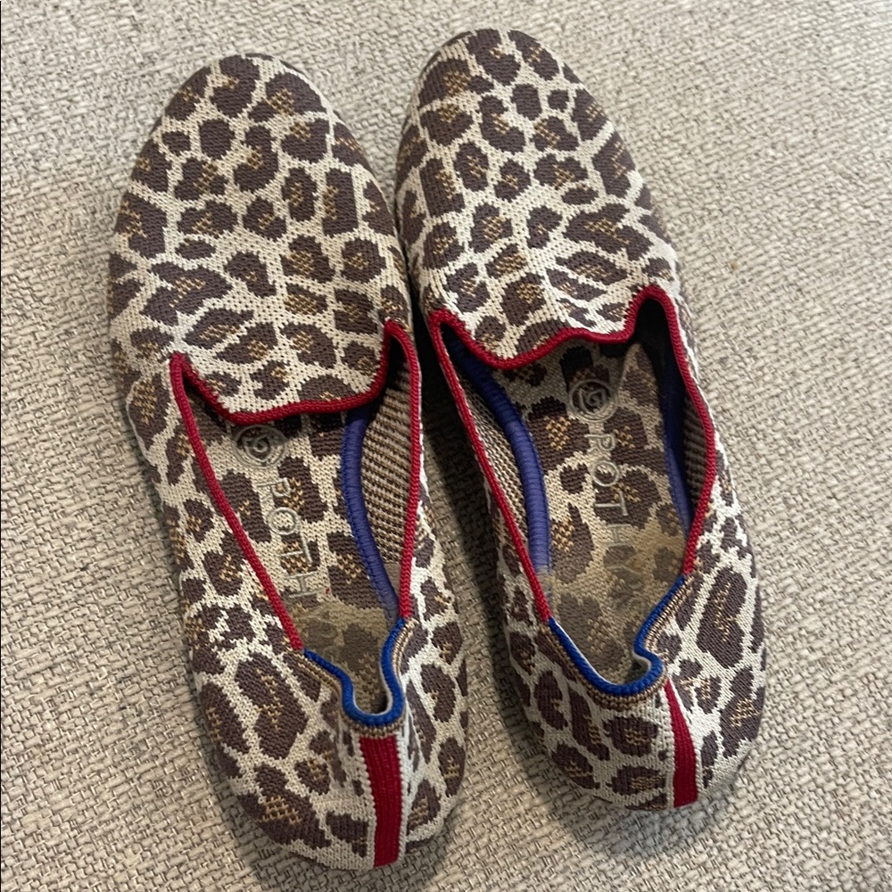 Rothy's Leopard Print Slip-On Flats with Red Trim